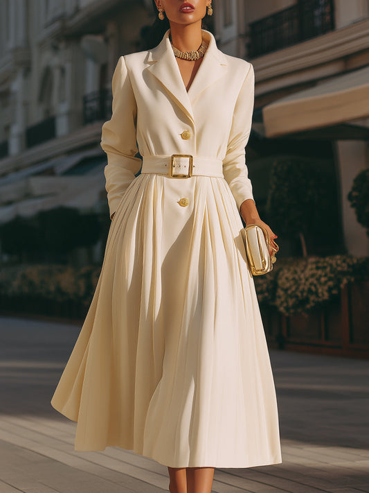 Ivory Belted Pleated Midi Dress
