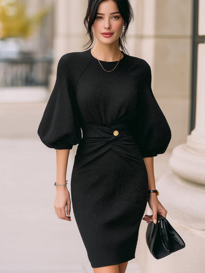 Elegant Sparkle Knit Puff-Sleeve Waist Twist Midi Dress