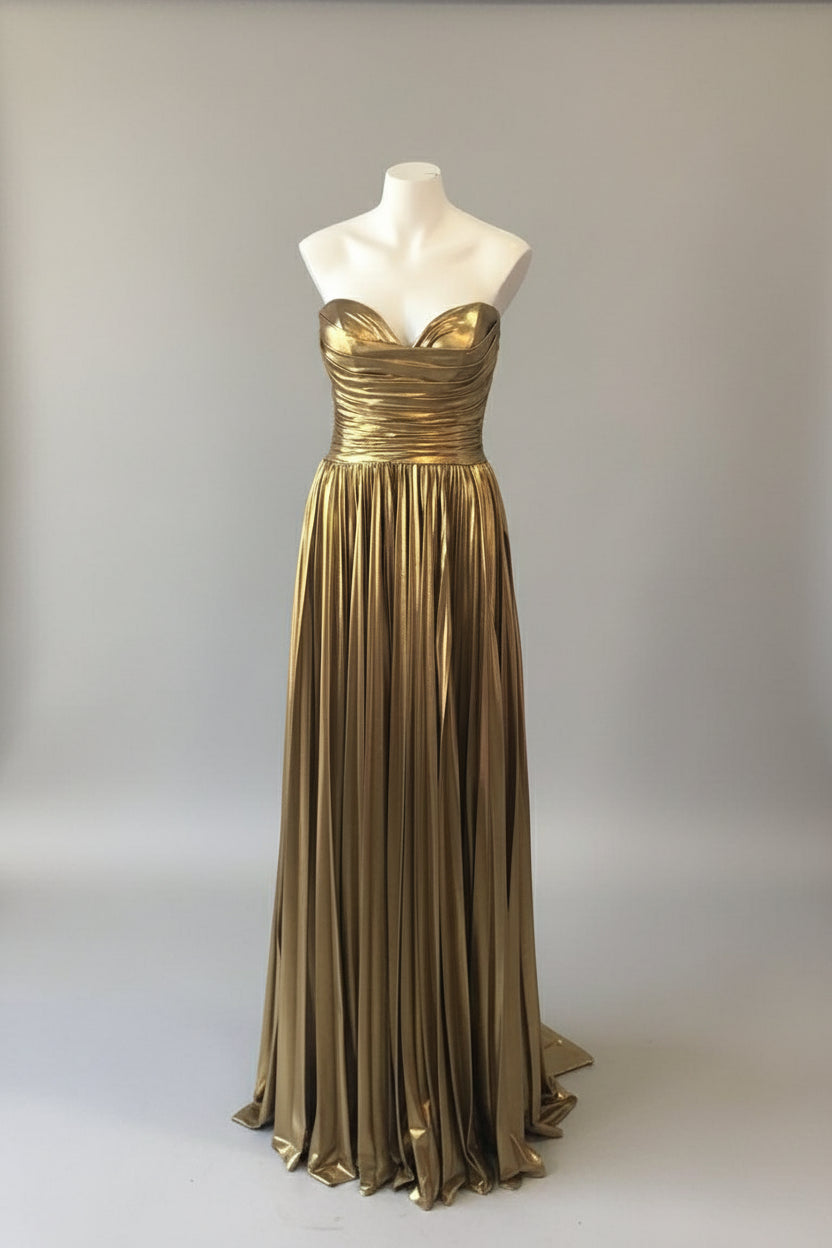 Strapless Gold Ruched A-line Long Formal Dress