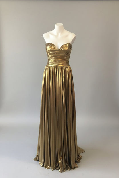 Strapless Gold Ruched A-line Long Formal Dress