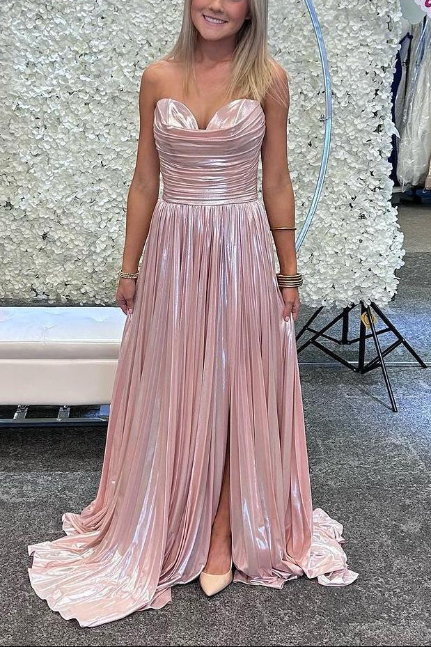 Strapless Gold Ruched A-line Long Formal Dress