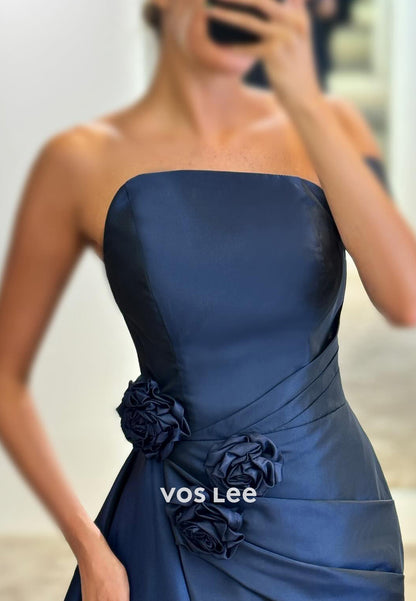 One Shoulder Floral Embellished Pleated Long Mermaid Prom Dresses with Side spilt