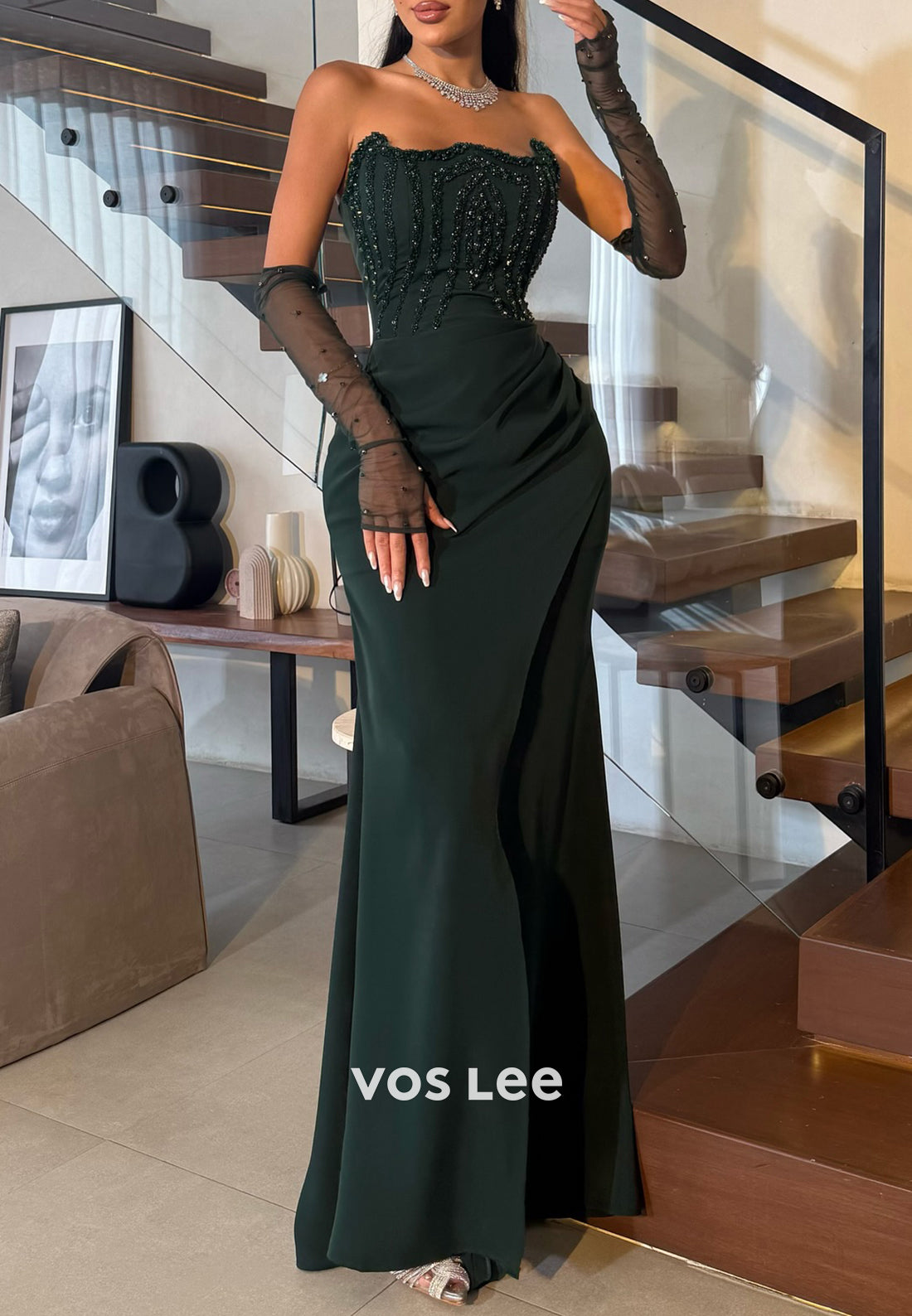Strapless Beaded Embellished Floor-Length Pleated Mermaid Evening Dresses