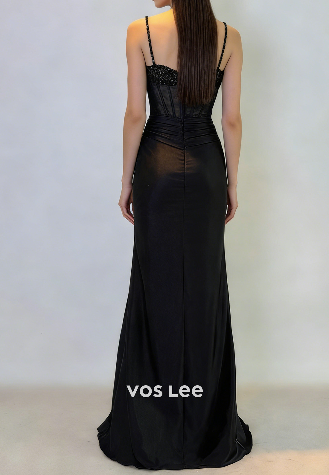 Spaghetti-Straps Sleeveless Lace Black Mermaid Prom Gowns With SPlit