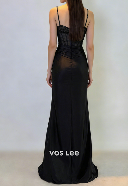 Spaghetti-Straps Sleeveless Lace Black Mermaid Prom Gowns With SPlit