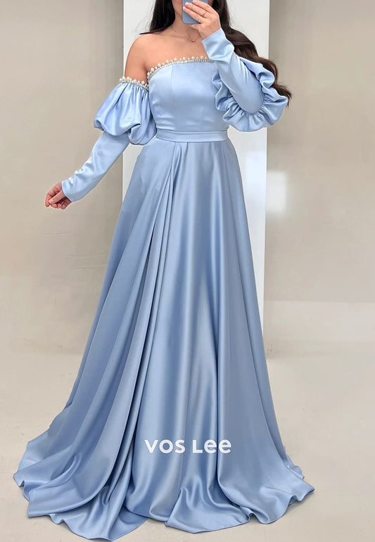 A-Line Long Sleeve Off the Shoulder Pearls Prom Dresses Evening Dresses with Sweep Train