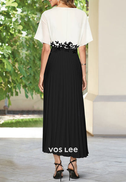 A-Line Short Sleeve V Neck Appliques Pleated Mother of Bride Dresses