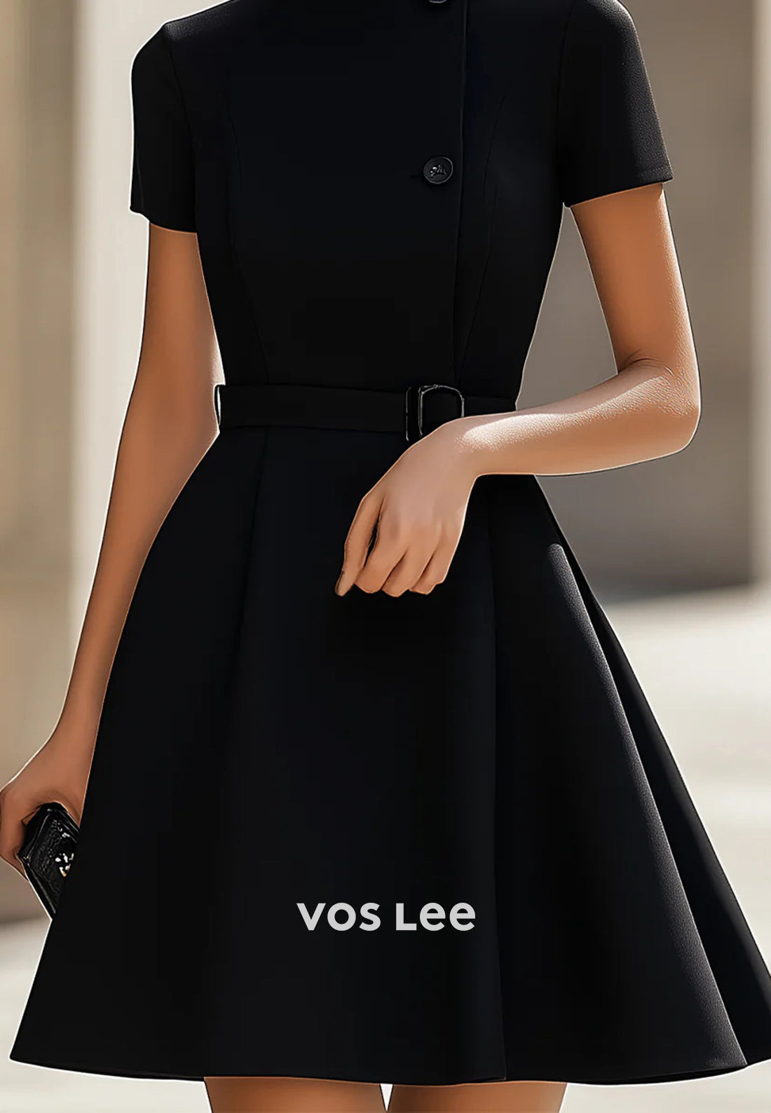 Mini & Short A-Line Short Sleeve High Neck Pleated Wedding Guest Dresses Party Dresses