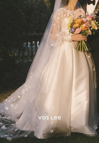 A-Line Long Sleeve Illusion Neck Appliques Wedding Dresses with Court Train