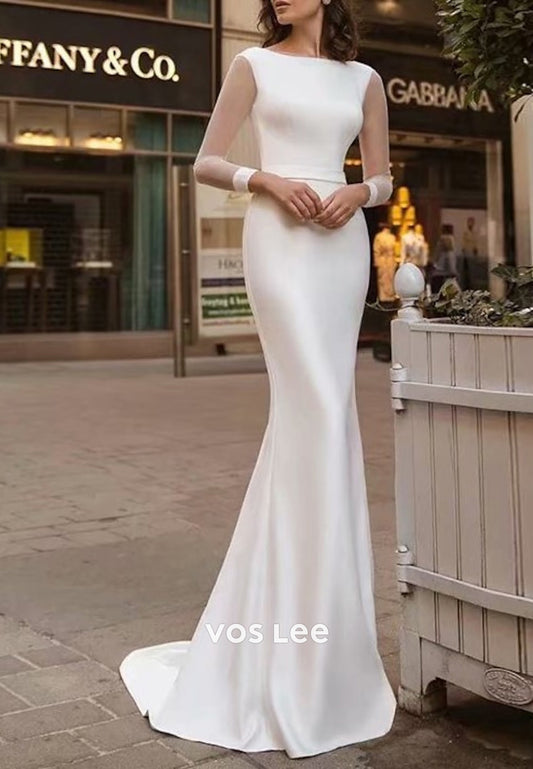 Sexy and Sleek Long Sleeve Scoop Mermaid Beach Wedding Dresses with Sweep Train