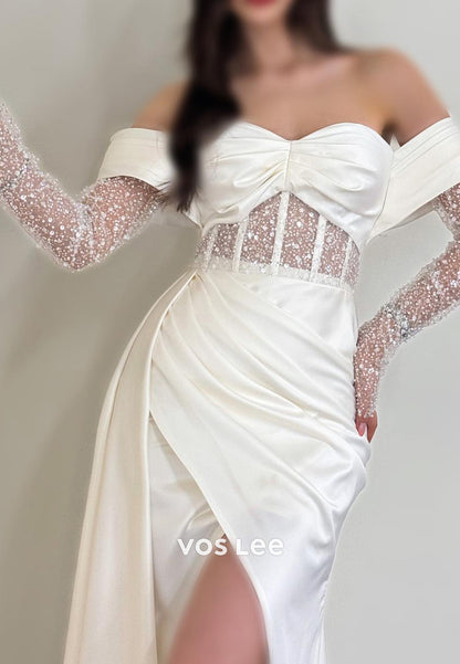 Classic Sequined Long Sleeve Sweetheart Pleated Mermaid Prom Dresses wirh High Spilt