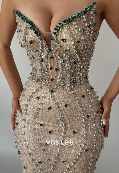 Sparkling V Neck Fully Sequined Rhinestone Mermaid Evening Dresses with Sweep Train