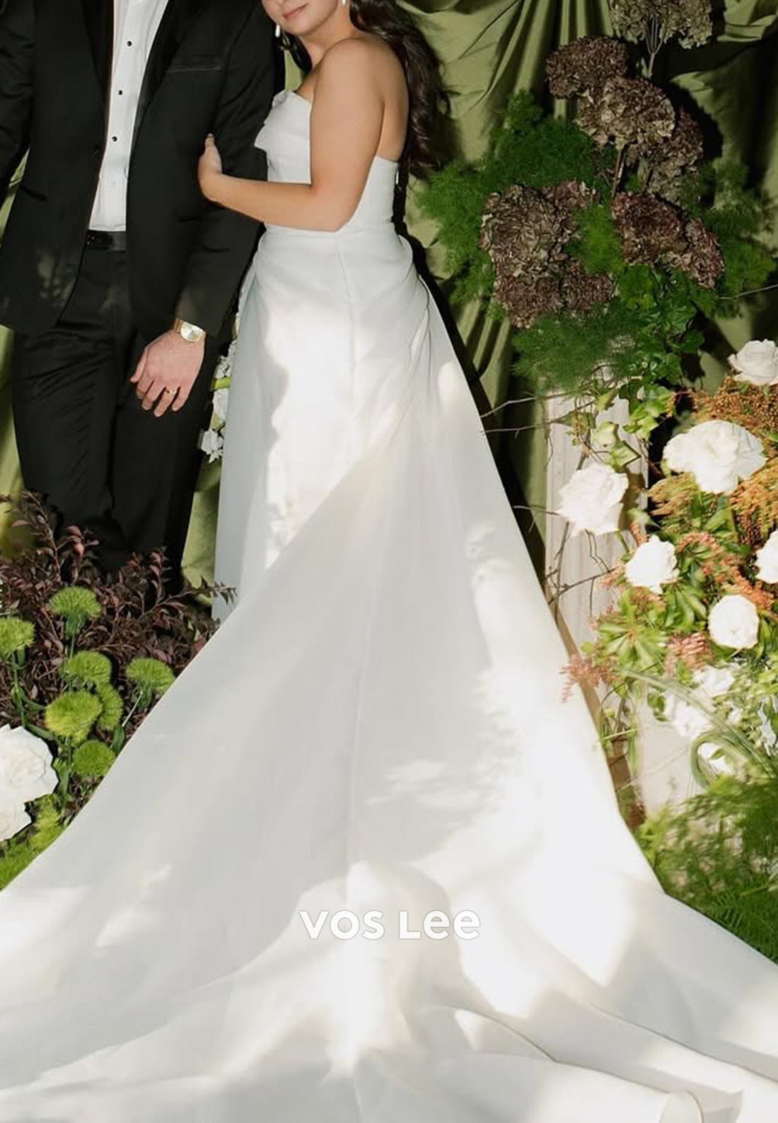 A-Line Strapless High Split Ruched Wedding Dresses with Court Train