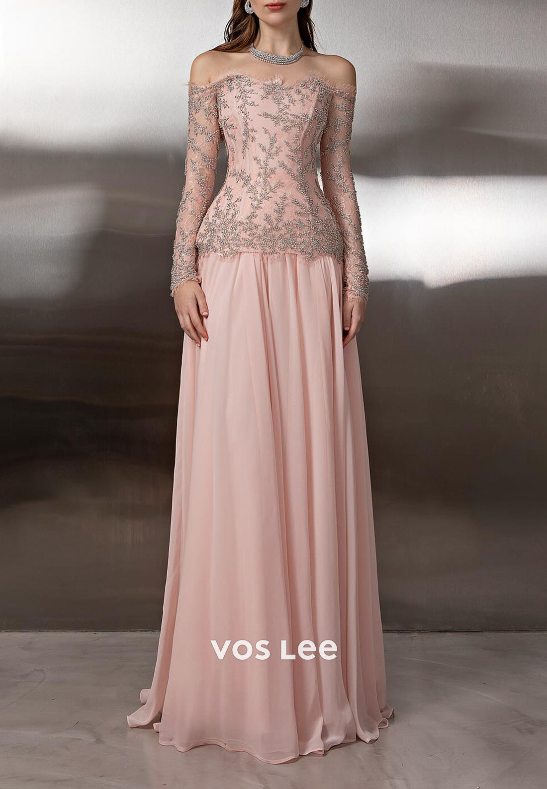 Pink Off the Shoulder Long Sleeve Beaded A-Line Pleated Prom Dresses