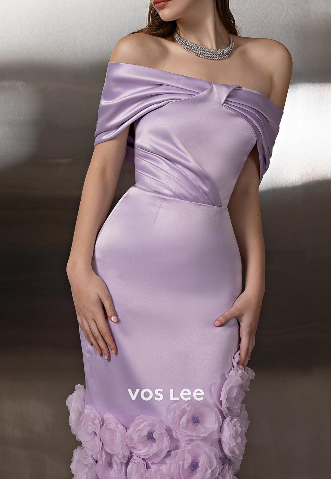 Lavender Off the Shoulder Floral Embossed Pleated Trumpet Prom Dresses