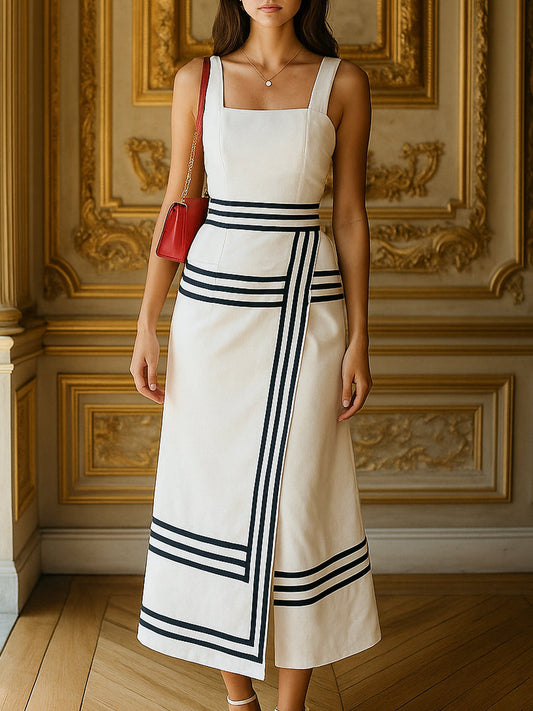 Ivory Square-Neck Midi Dress With Black Trim Wedding Guest Dresses