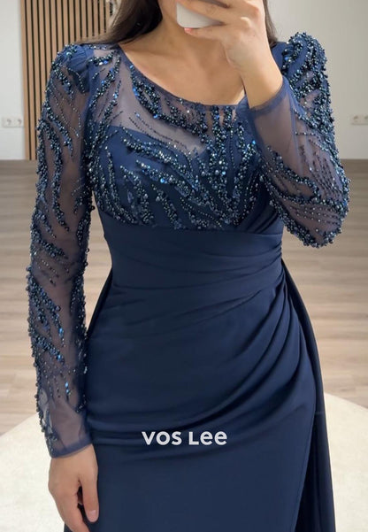 Long Sleeves Beaded Lace Mermaid Formal Dresses with With Sweep Train