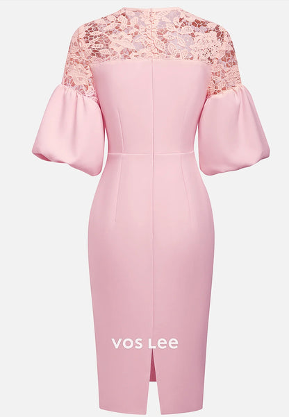 Half Sleeve Illusion Cutout Scoop Pleated Sheath Wedding Guest Dresses with Split