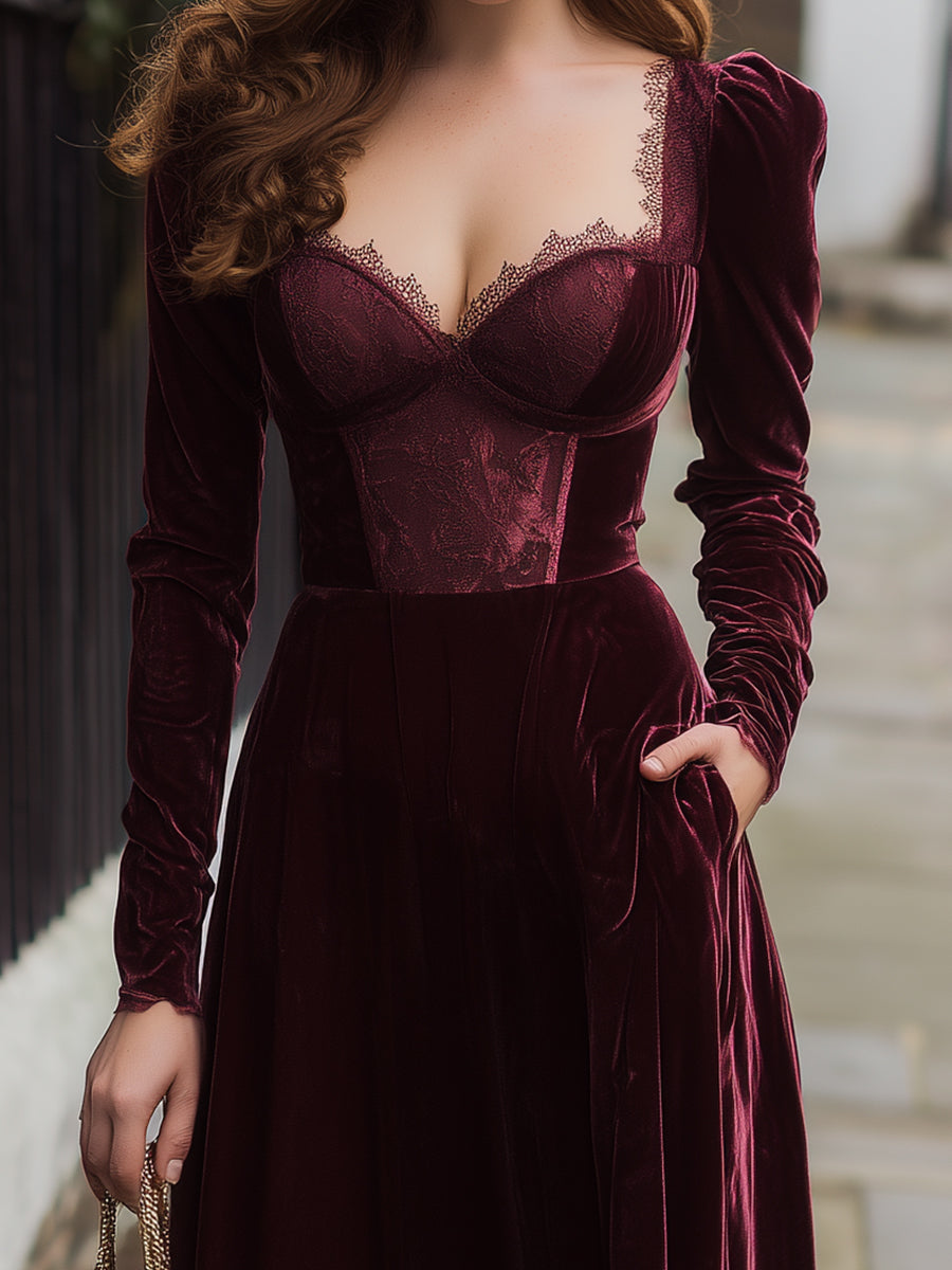 Burgundy Lace-Corset Velvet Midi Dress