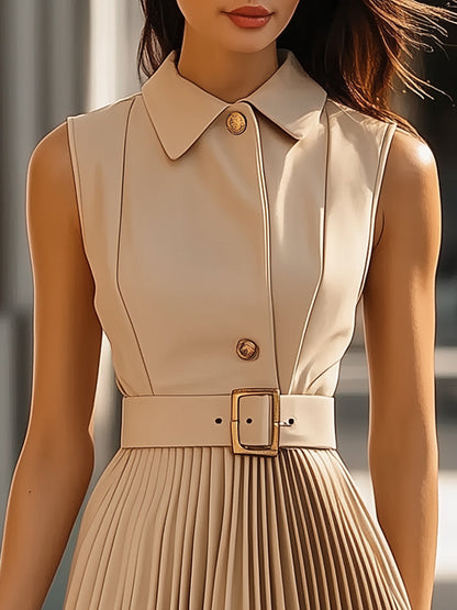 Sleeveless Beige Pleated Shirt Dress Wedding Guest Dresses