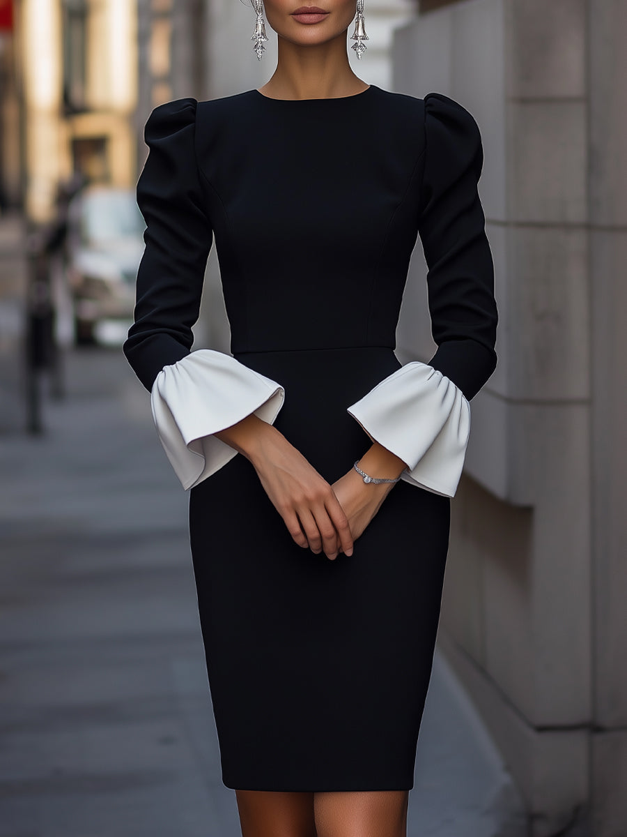 Bodycon Midi Dress With Contrast Cuff Flare Sleeves