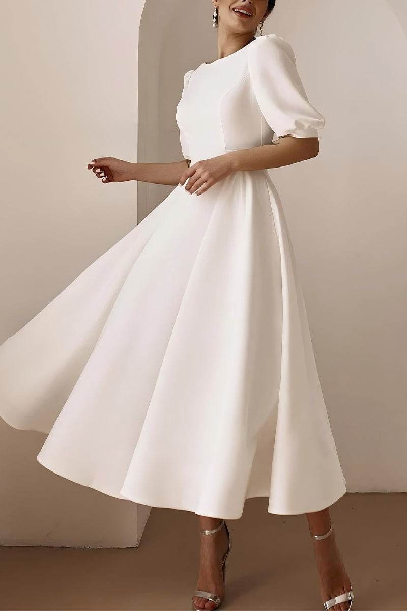 White Satin A-Line Midi Wedding Dress with Puff Sleeves and Open Back