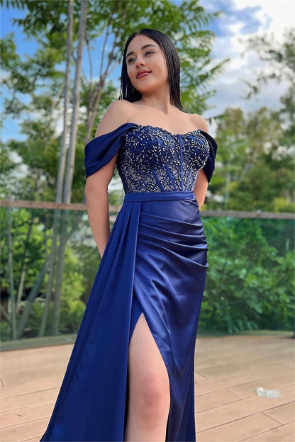 Glamorous Royal Blue Off the Shoulder Sleeveless Long Split Evening Dress With Beading