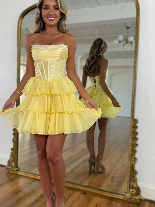 Cute A Line Strapless Yellow Corset Homecoming Dress with Ruffles Beading