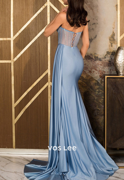 Sparkle & Shine Steel Blue Sweetheart Rhinestone Mermaid Prom Dresses with Sweep Train