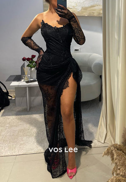 Illusion & Sheer Strapless Lace Beaded Mermaid Long Evening Dresses with Side Split
