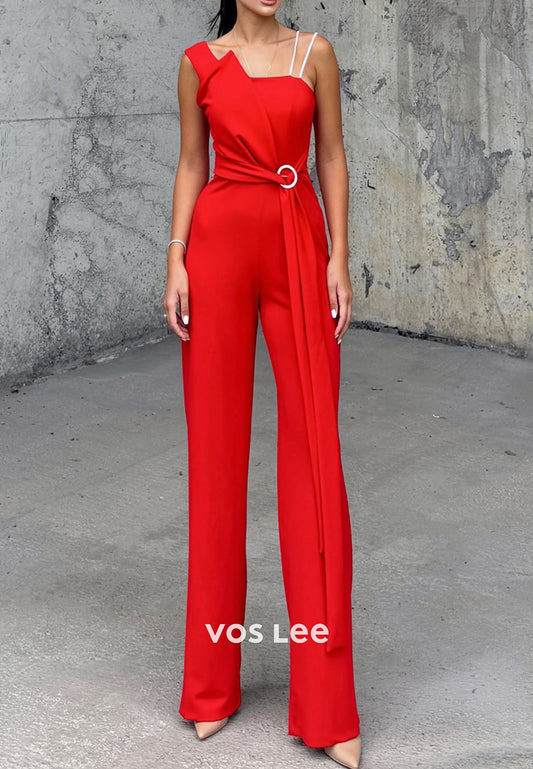 Asymmetrical Neck Satin Pleated Jumpsuit