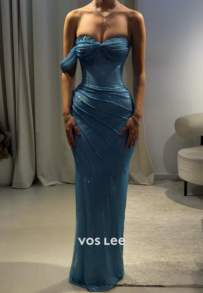 One Shoulder Rhinestone Pleated Mermaid Prom Dresses Evening Dresses