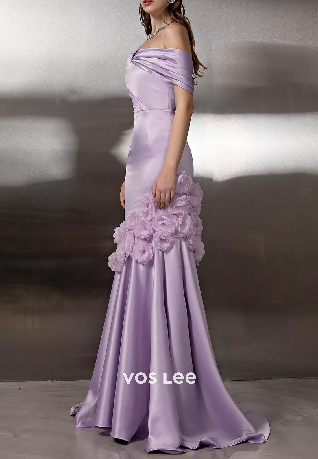 Lavender Off the Shoulder Floral Embossed Pleated Trumpet Prom Dresses
