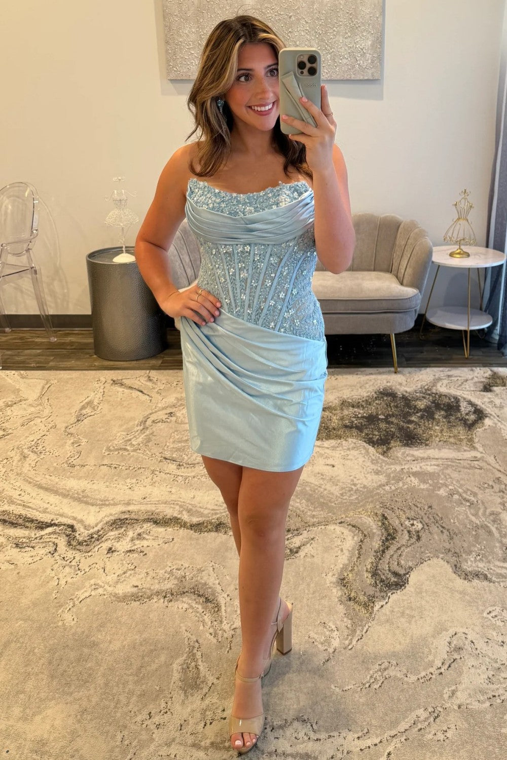 Attractive Sheath Strapless Light Blue Corset Homecoming Dress with Appliques