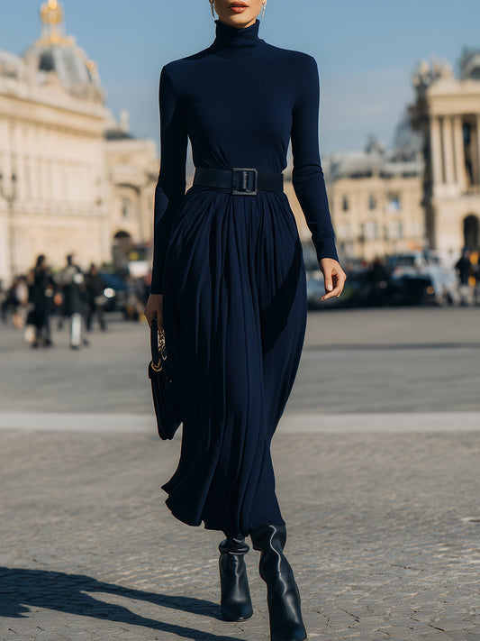 Pleated Knit-Bodice Dress In Midnight Navy