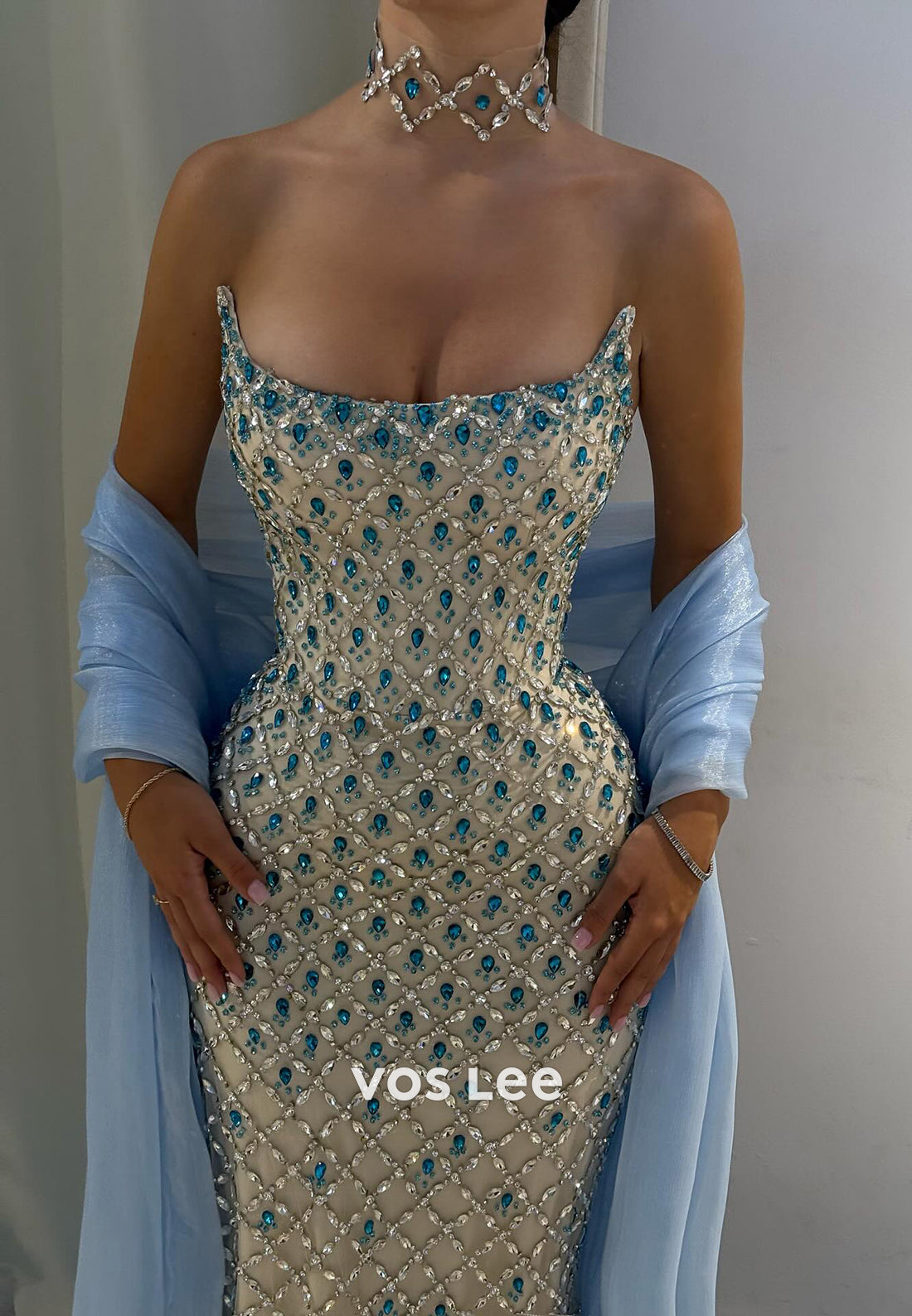 Scoop Strapless Rhinestone Embellished Floor-Length Mermaid Prom Dresses