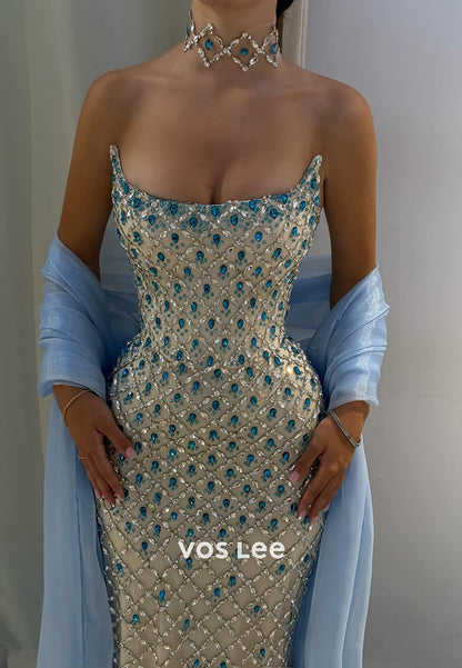 Scoop Strapless Rhinestone Embellished Floor-Length Mermaid Prom Dresses