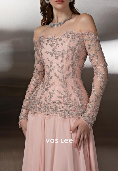 Pink Off the Shoulder Long Sleeve Beaded A-Line Pleated Prom Dresses