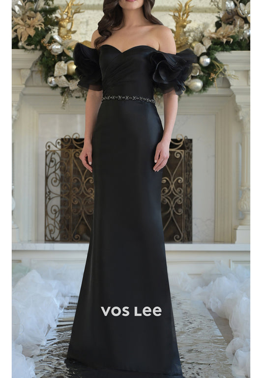 Black Off the Shoulder Pleated Mermaid Mother of Bride Dresses with Sweep Train