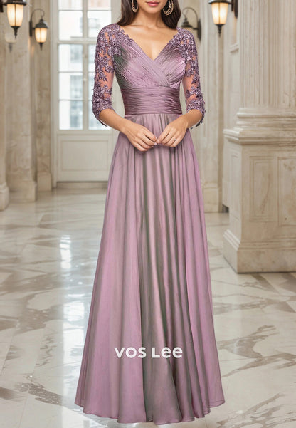 A-Line 3/4 Sleeve V Neck Appliques Lace Floor-Length Pleated Mother of Bride Dresses