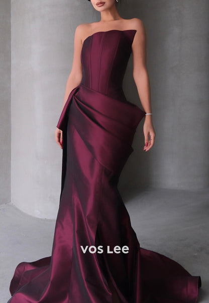Classic & Timeless Strapless Pleated Mermaid Long Evening Dresses with Sweep Train