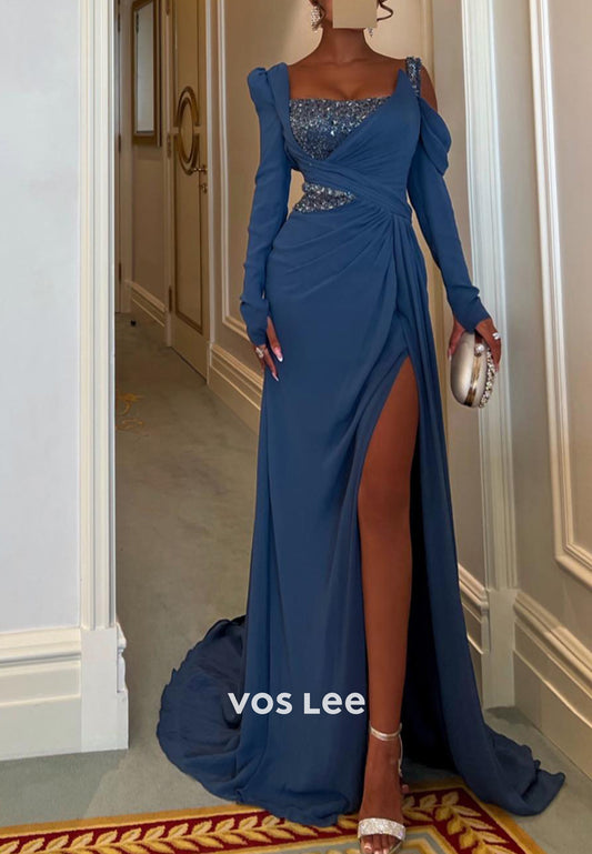 Long Sleeve Asymmetrical Neck Rhinestone Pleated Sheath Evening Dresses with Sweep Train