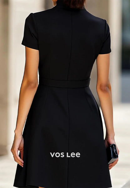 Mini & Short A-Line Short Sleeve High Neck Pleated Wedding Guest Dresses Party Dresses