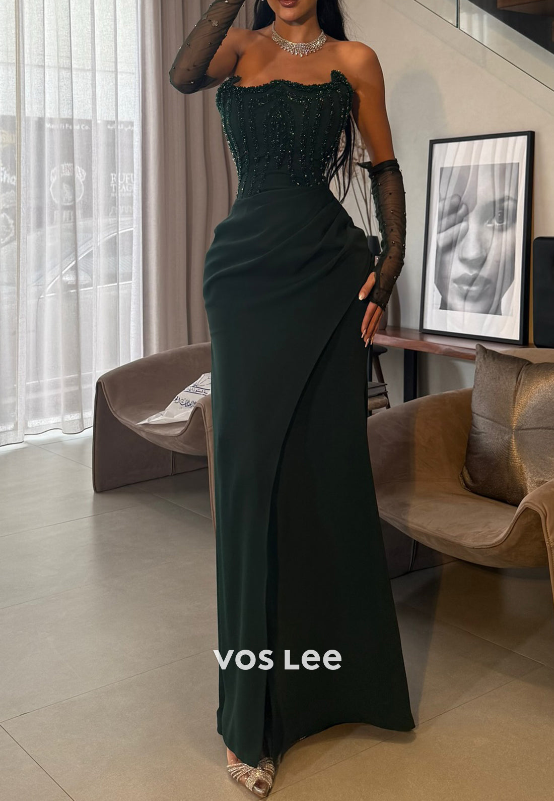 Strapless Beaded Embellished Floor-Length Pleated Mermaid Evening Dresses
