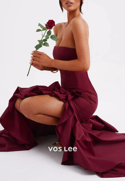 Classic Strapless Pleated Mermaid/Trumpet Floor-Length Evening Dresses with Side Split