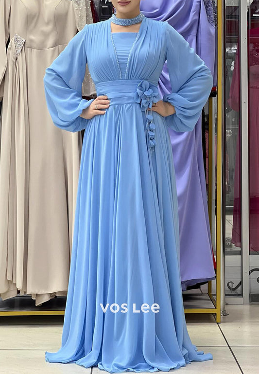 Simple A-Line Long Sleeve Scoop Flowers Floor-Length Pleated Evening Dresses