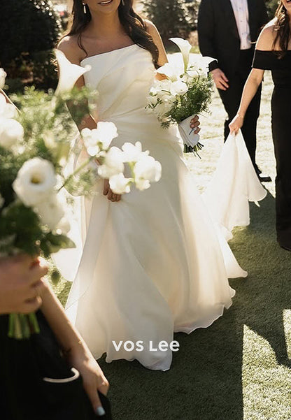 A-Line Strapless High Split Ruched Wedding Dresses with Court Train