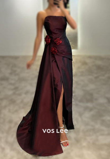 One Shoulder Floral Embellished Pleated Long Mermaid Prom Dresses with Side spilt