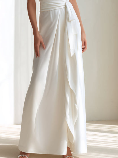 White Cross-Neck Lace Panel Wrap Maxi Dress