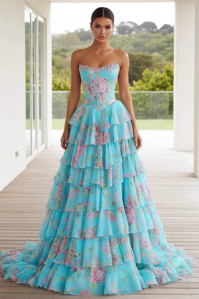 New Arrival A Line Scoop Neck Floral Chiffon Prom Dress with Beading